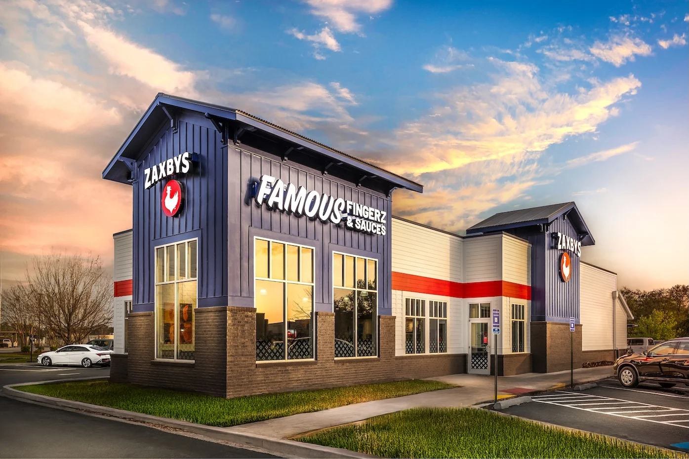 Zaxby's restaurant exterior in Waldorf, Maryland at dusk